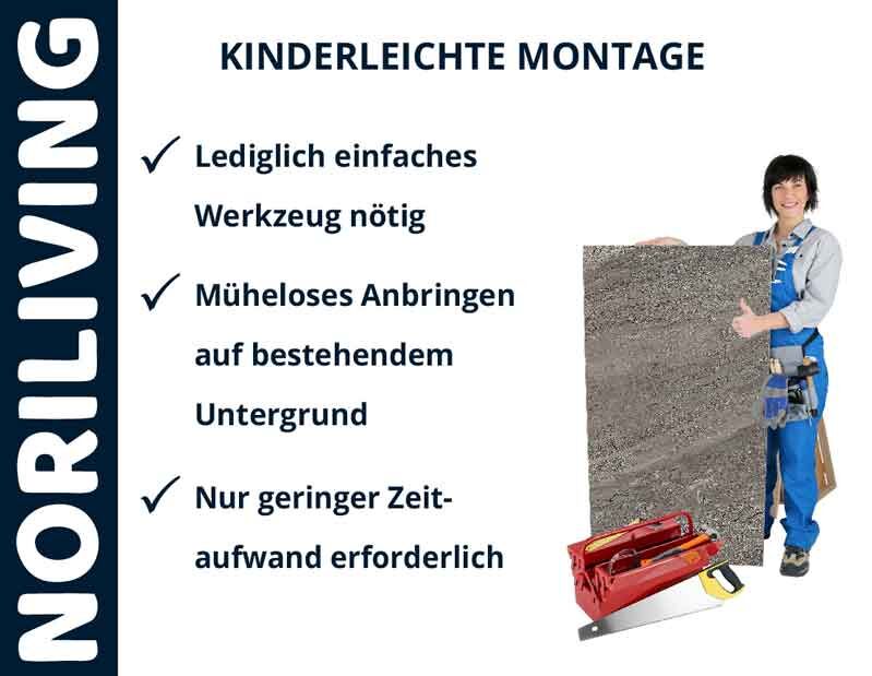 Noriliving kinderleichte Montage, einfacher Werkzeugeinsatz, müheloser Bodenbelag, geringer Zeitaufwand, Person in Arbeitskleidung hält Platte mit Werkzeugkoffer.