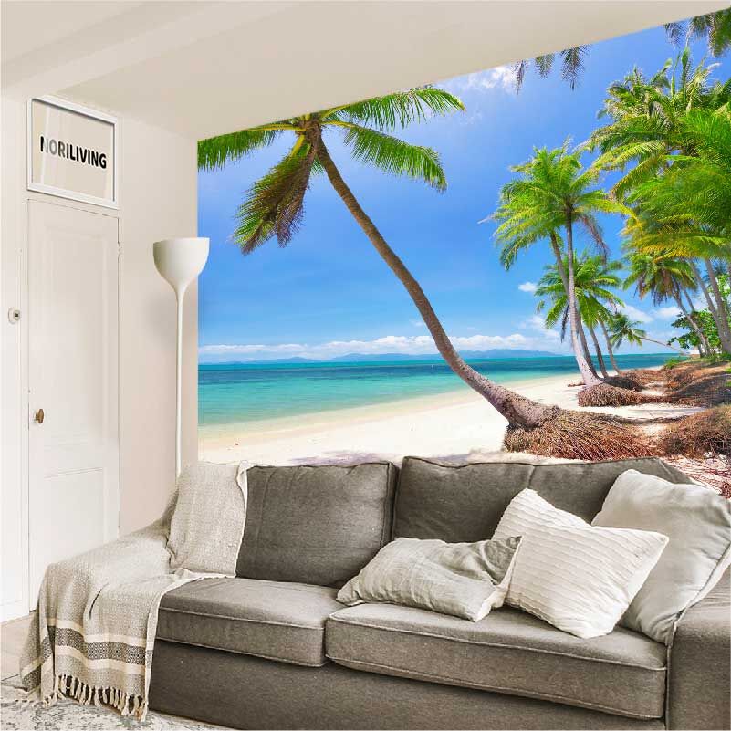 im Wohnzimmer eingebaute Wohnzimmerrückwand mit Motiv schöner Strand und tropisches Meer mit Palmen 395