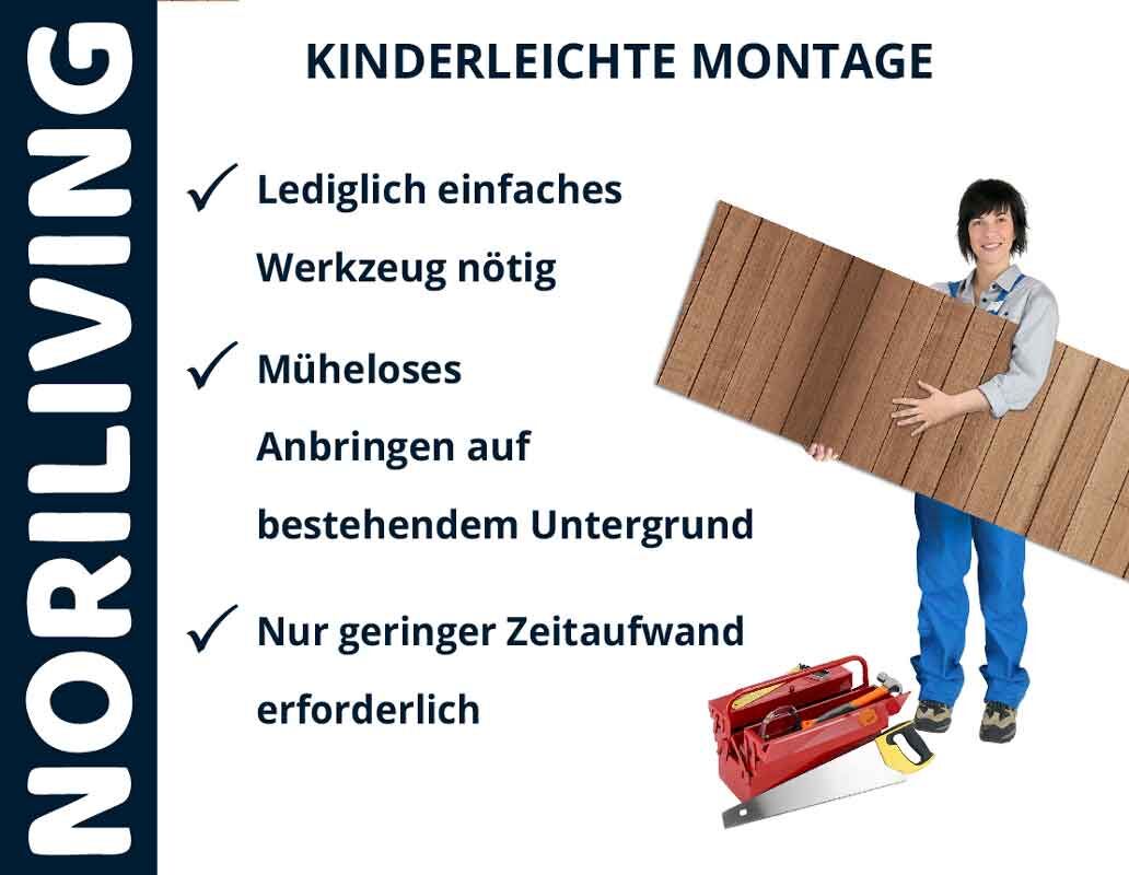 Person hält Noriliving-Material, zeigt einfache Montage mit wenig Werkzeugaufwand