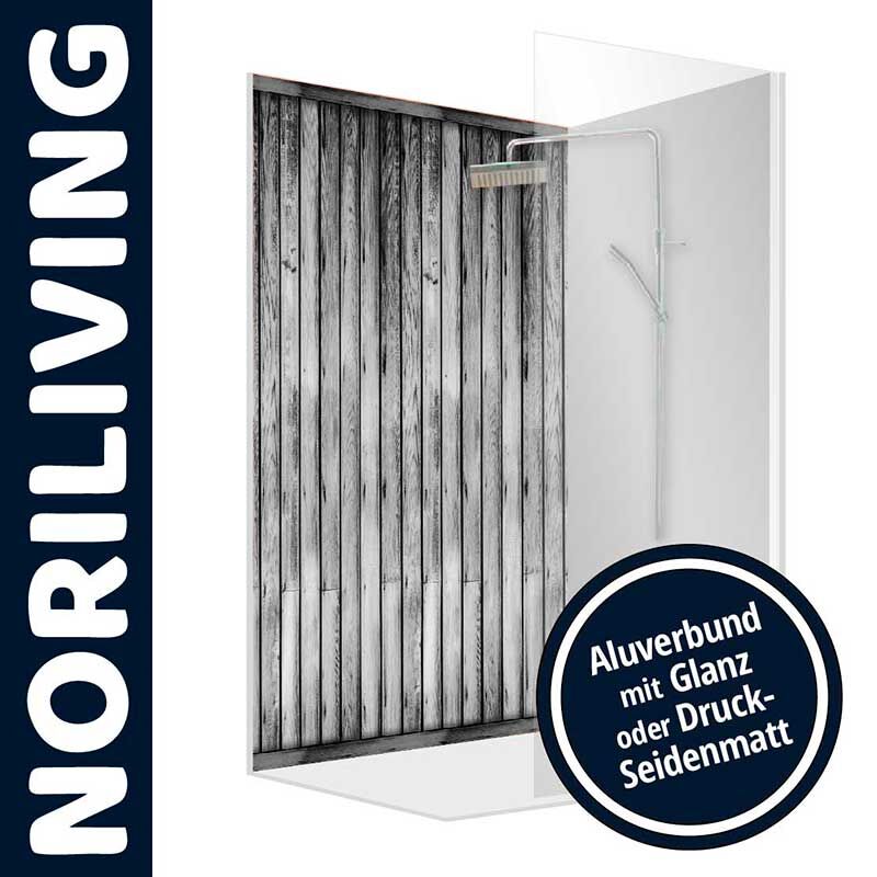 Duschwand mit Holzdesign aus Aluverbundmaterial in glänzender oder seidenmatter Ausführung, Marke NORILIVING