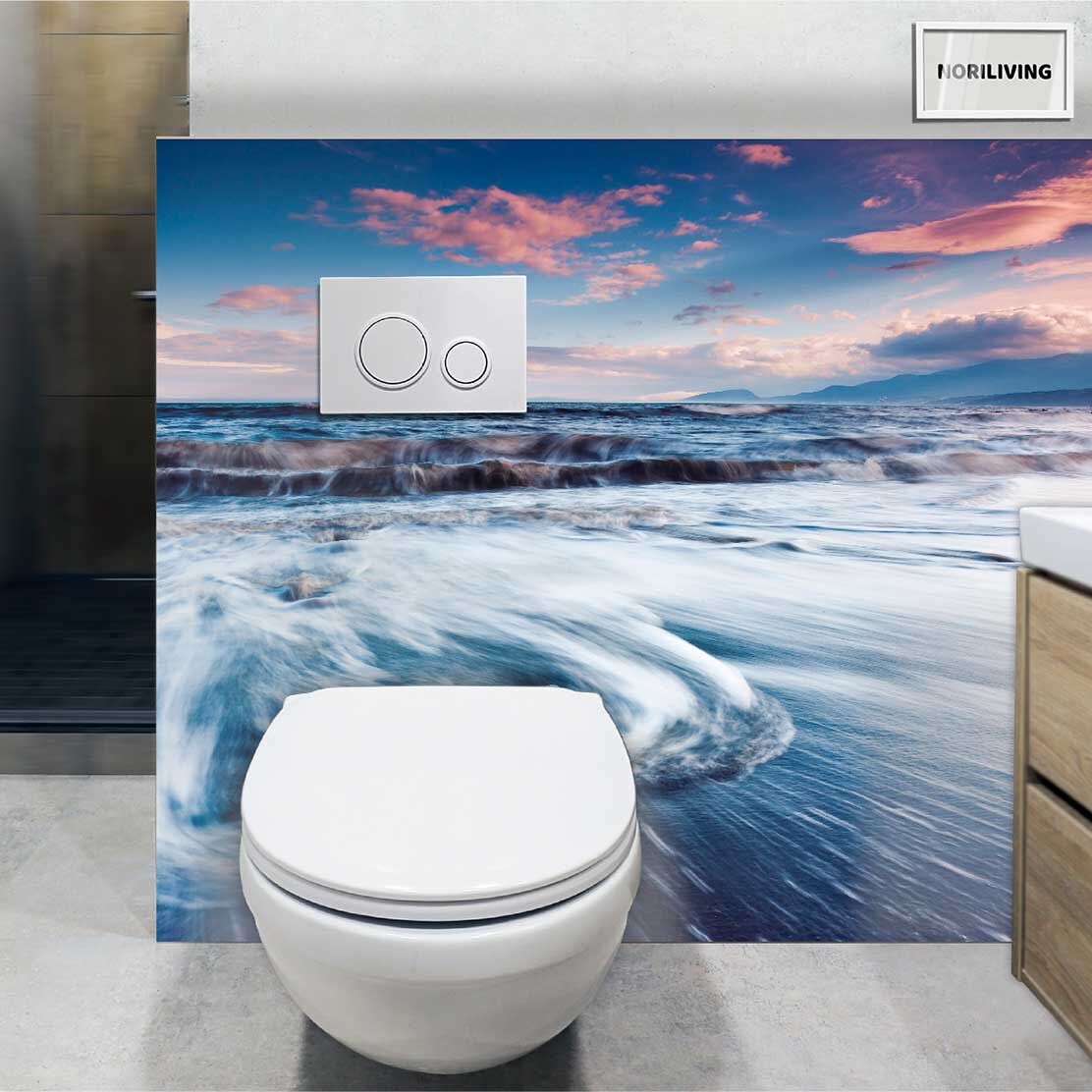 im WC eingebaute Toilettenrückwand mit Motiv Sonnenuntergang Meer 181