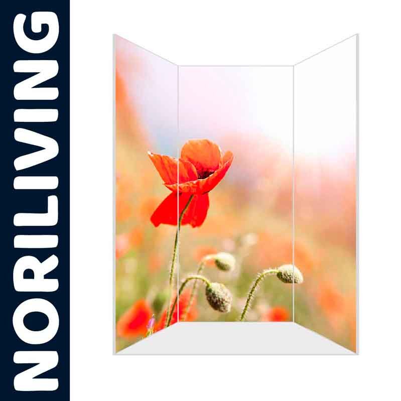 Paravent mit Mohnblumen-Motiv, leuchtende rote Blume in unscharfer Landschaft