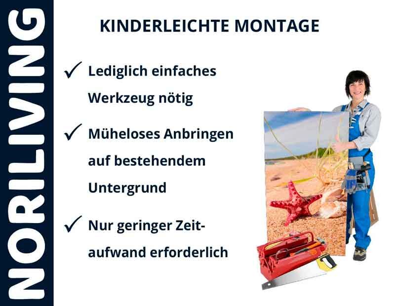 Werbung für einfache Montage mit wenig Werkzeug, Person hält Bild mit Strandmotiv