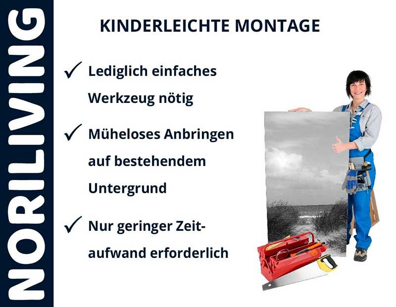 Werbung zeigt kinderleichte Montage mit Noriliving, einfache Werkzeuge nötig, schnelle Anbringung auf bestehendem Untergrund, geringer Zeitaufwand.