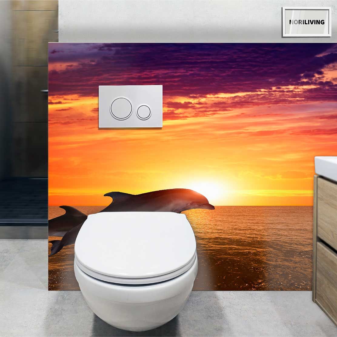 im WC eingebaute Toilettenrückwand mit Motiv Springende Delfine 552