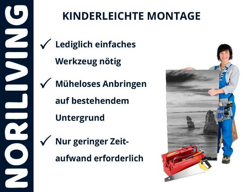 Person präsentiert einfache Montage mit NORILIVING: Verwendung von minimalem Werkzeug, müheloses Anbringen auf bestehendem Untergrund, geringer Zeitaufwand.