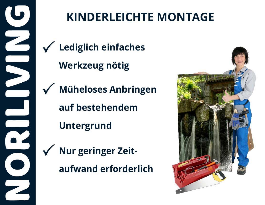 Frau präsentiert einfache Montage mit minimalem Werkzeug. Text: Kinderleichte Montage, lediglich einfaches Werkzeug nötig, müheloses Anbringen auf bestehendem Untergrund, nur geringer Zeitaufwand erforderlich. Marke Noriliving.