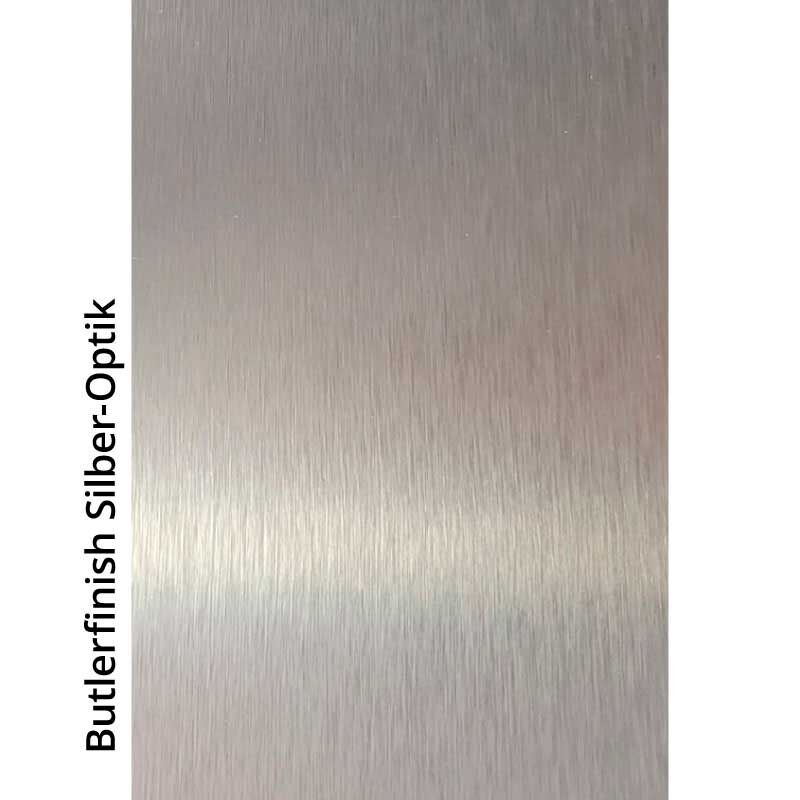 Butlerfinish Silber-Optik für stilvolle Designs Metalloberfläche mit Butlerfinish in Silber-Optik, horizontal gebürstetes Muster