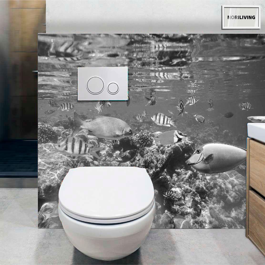 im WC eingebaute Toilettenrückwand mit Motiv Fische im Meer 817 schwarz-weiß
