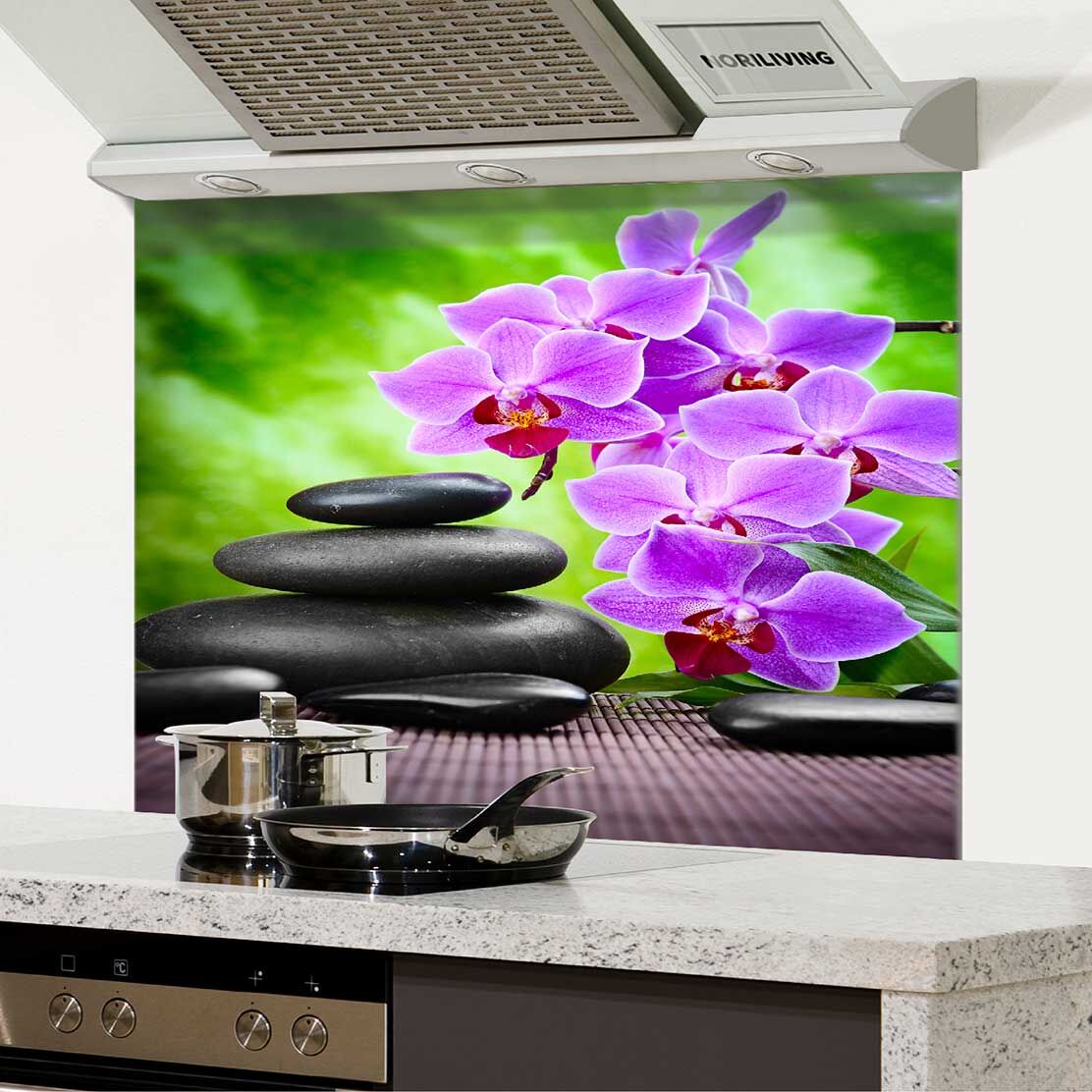 in der Küche eingebauter Spritzschutz Küche - Herd mit Motiv Zen Steine mit Orchideen 392