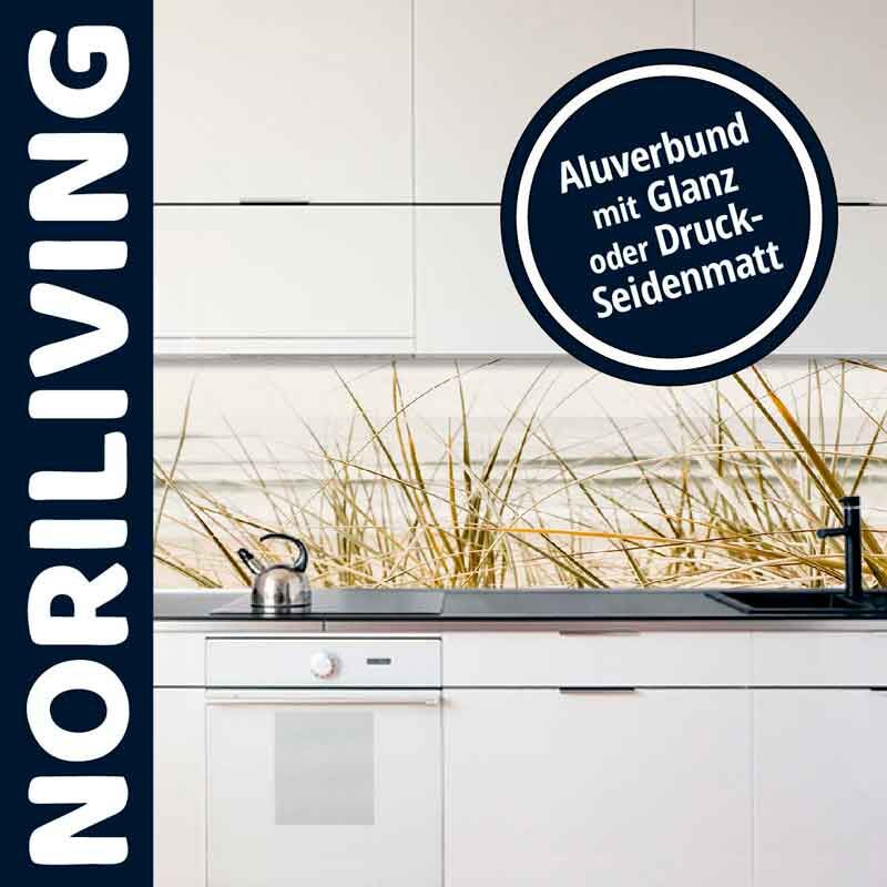 Küche mit weißem Schrank und Herd, geschmückt durch einen Aluverbund mit Naturmotiv in Glanz oder Druck-Seidenmatt