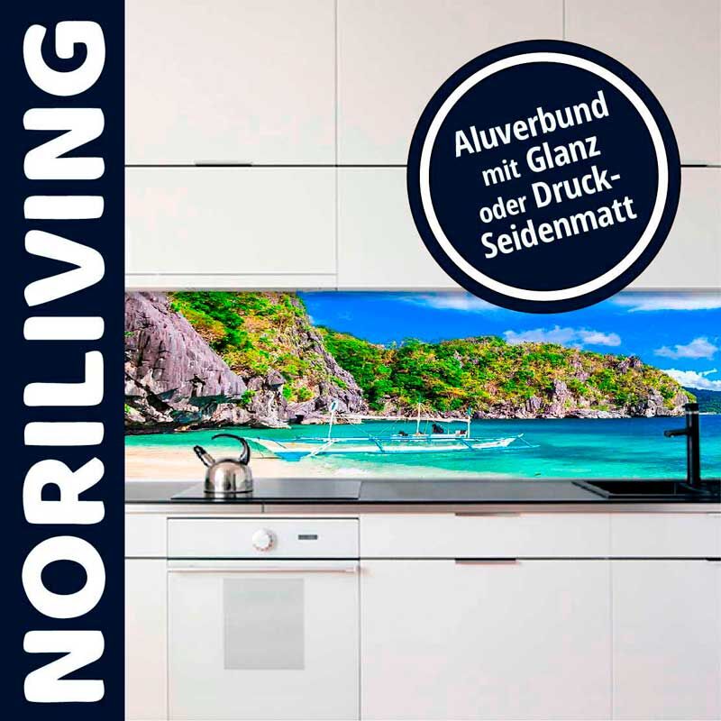 Küchenrückwand mit tropischem Strandmotiv und Aluverbund in Glanz oder Druck-Seidenmatt