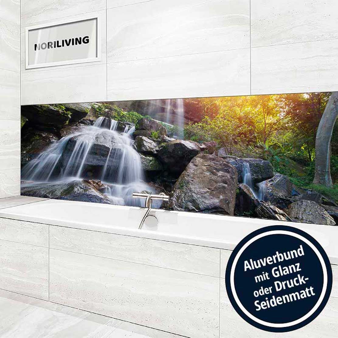 Ansicht des Badrückwand-Motivs Wasserfall in Thailand 374 Höhe zentriert