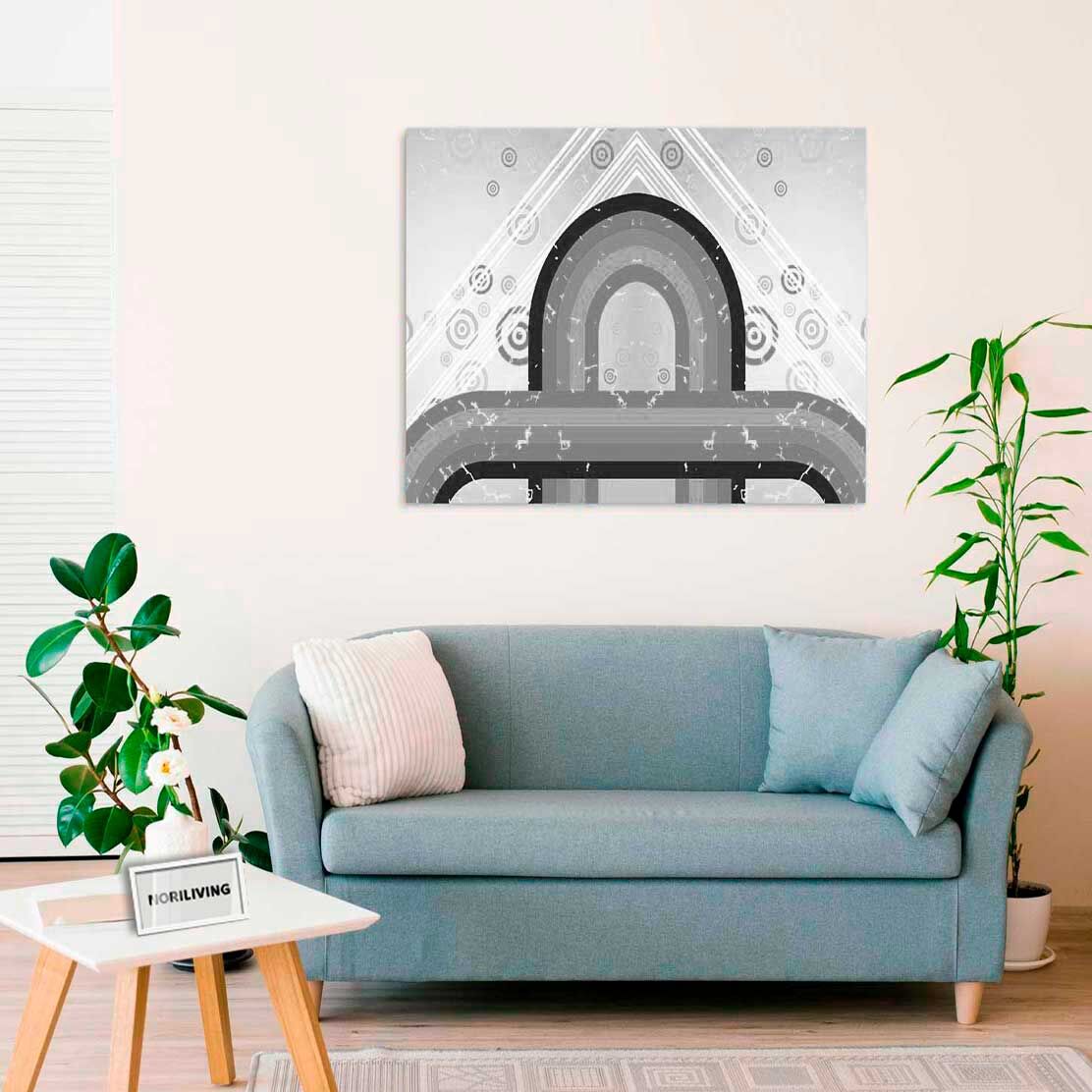 Wandbild über dem Sofa mit Motiv 70er Muster mit Kreisen 909 schwarz-weiß