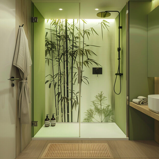 Moderner Duschbereich mit Bambusmotiv und natürlichen Grüntönen Elegantes Badezimmer mit Glasduschkabine, Bambuswanddekor und grüner Farbgestaltung