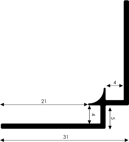 Technische Zeichnung eines Winkelprofils mit Maßen Technische Zeichnung eines schwarzen Winkelprofils, Maße: Breite 21 mm, Gesamtlänge 31 mm, Höhe 5 mm, Biegung 4 mm.