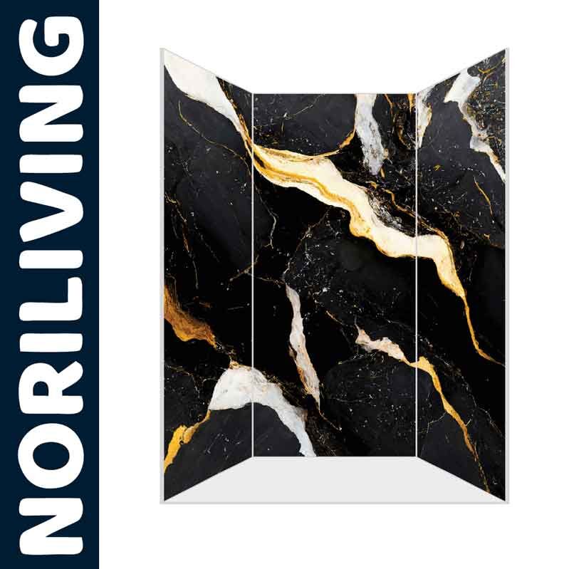Raumteiler mit elegantem schwarzem Marmor-Design und goldenen Akzenten