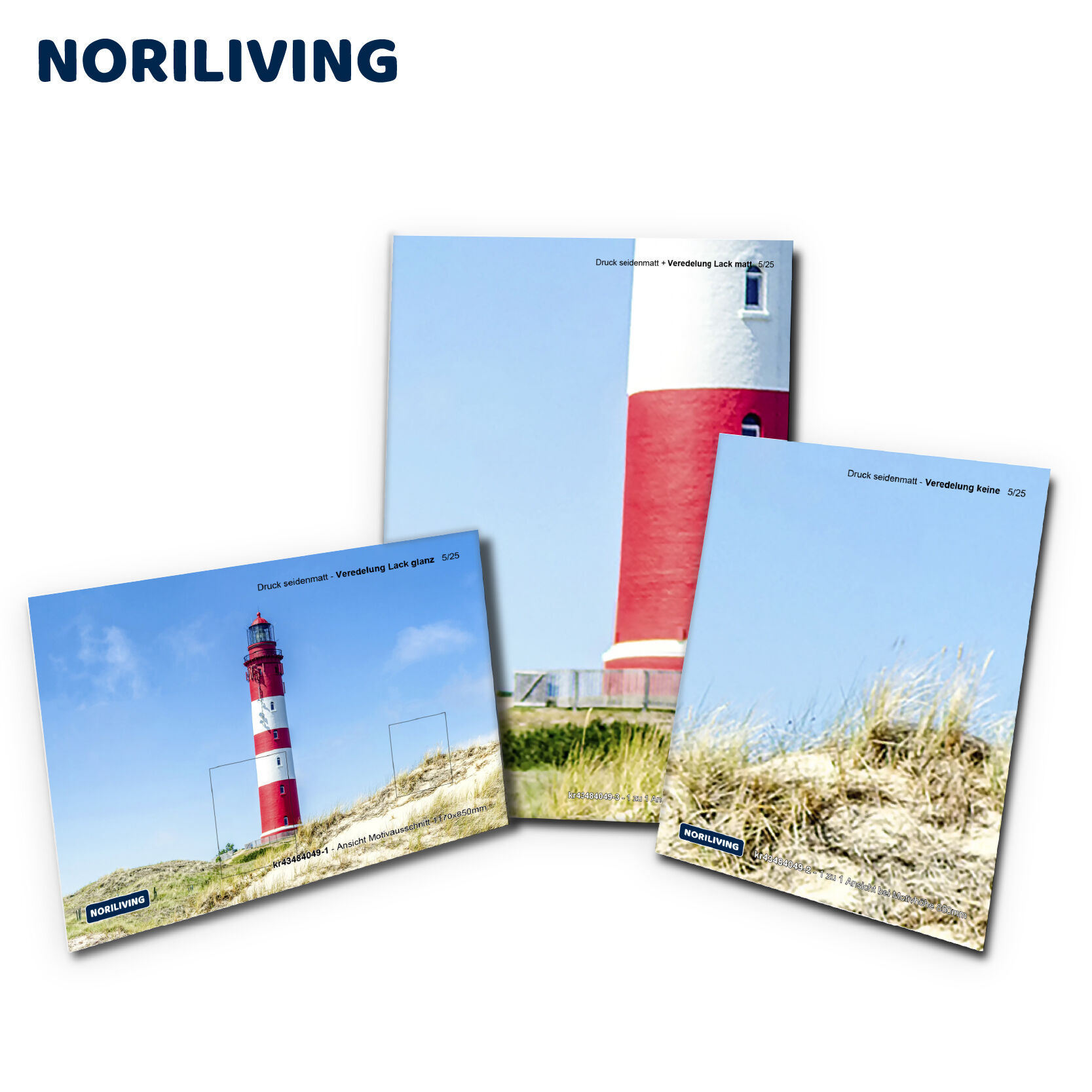 Drei verschiedene Kunstdrucke von Leuchttürmen mit seidenmattem Druck und unterschiedlichen Lackveredelungen von NORILIVING