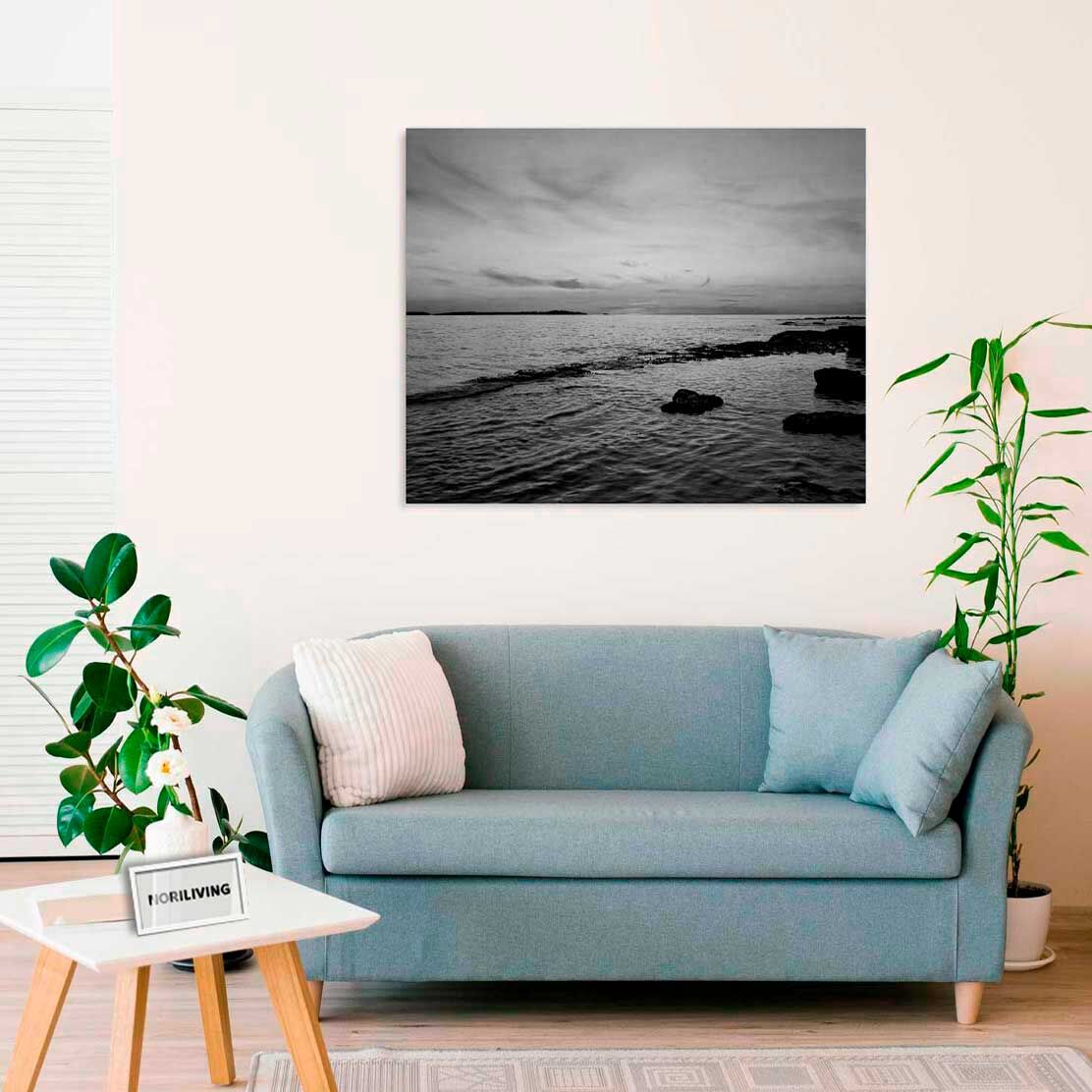 Wandbild über dem Sofa mit Motiv Strand bei Sonnenuntergang Fazana Kroatien 932 schwarz-weiß