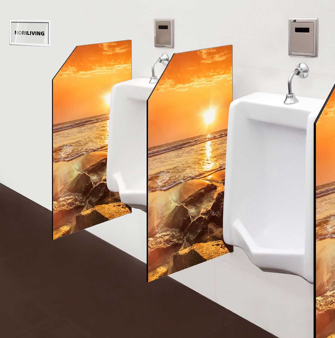 in der Toilette eingebaute Schamwand mit Motiv Wellen und Felsen am Strand bei Sonnenuntergang 844