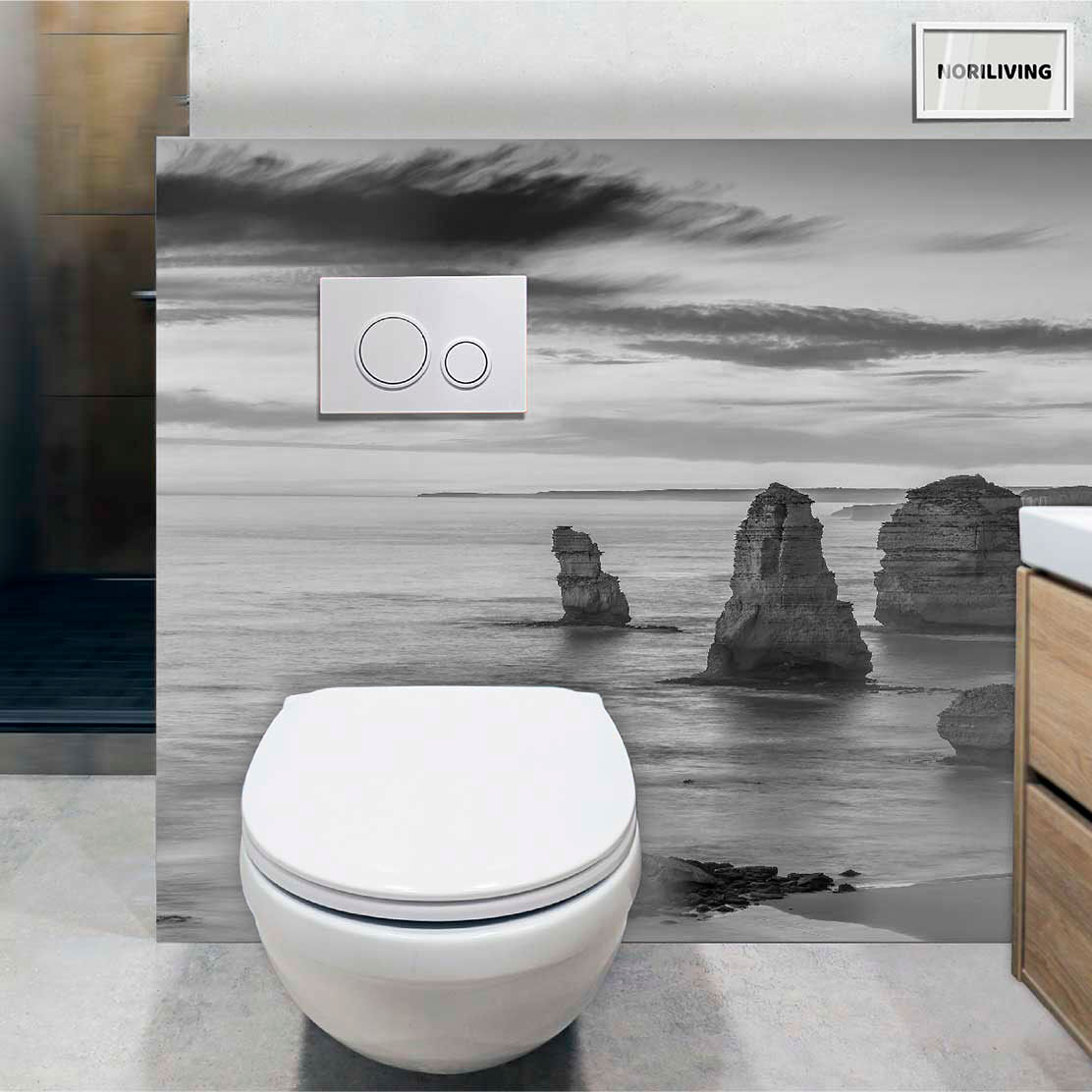 im WC eingebaute Toilettenrückwand mit Motiv Zwölf Apostel Australien Great Ocean Road 137 schwarz-weiß