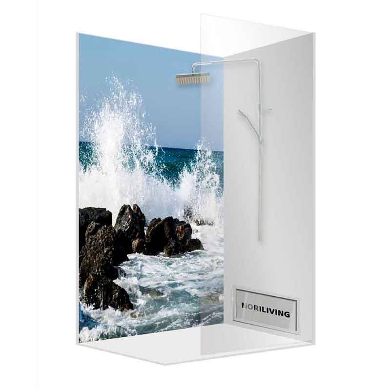 Moderne Dusche mit Glaswand und Meeresmotiv