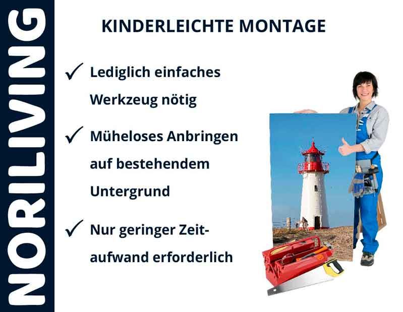 NORILIVING Montageanleitung: Einfaches Werkzeug nötig, müheloses Anbringen, geringer Zeitaufwand. Frau mit Bild eines Leuchtturms.