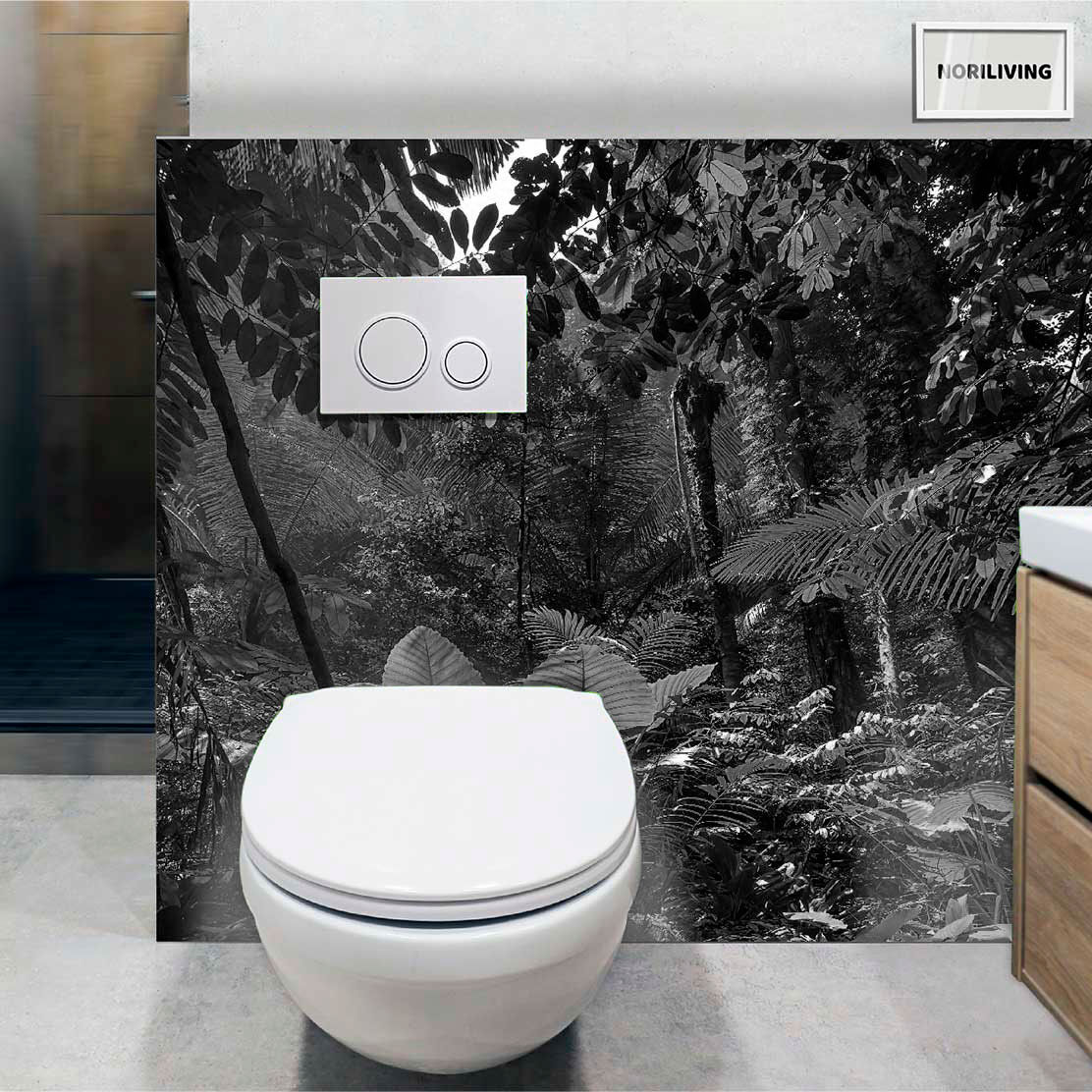 im WC eingebaute Toilettenrückwand mit Motiv grüner Dschungelwald 402 schwarz-weiß