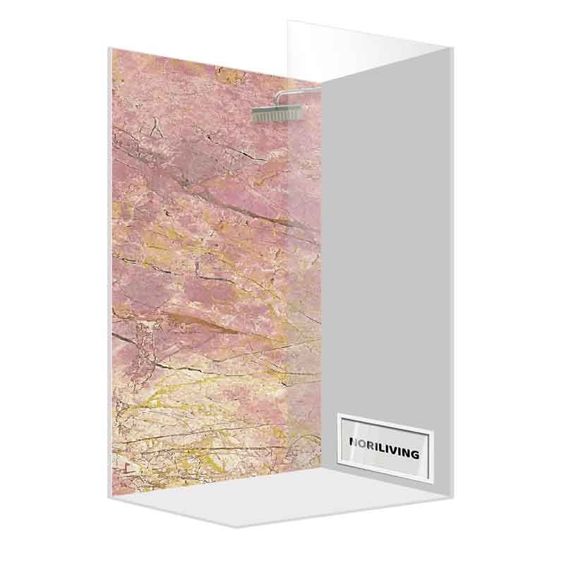 Duschwand mit rosa Marmor-Muster und Duscheinrichtung