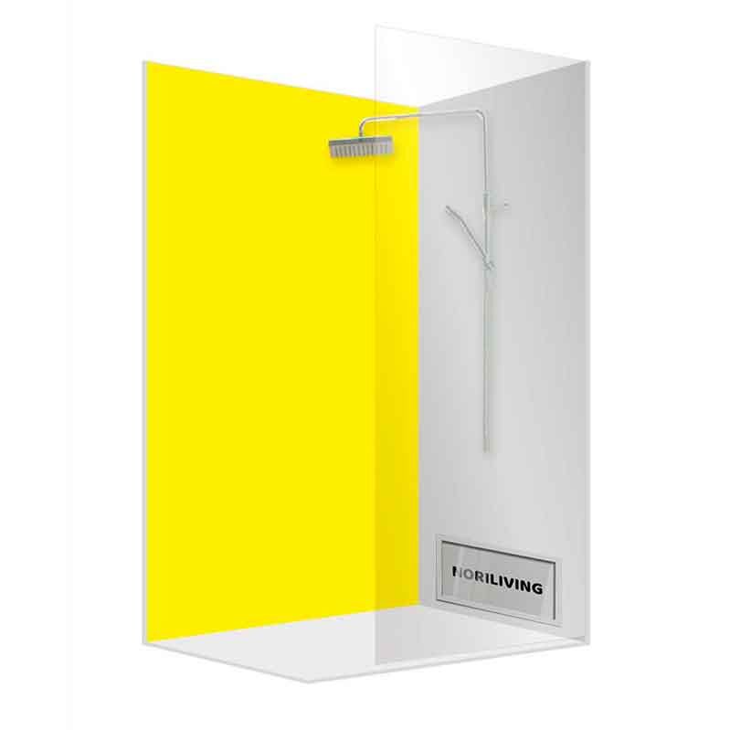 Walk-In-Dusche mit gelbem Glas und Regenduschkopf