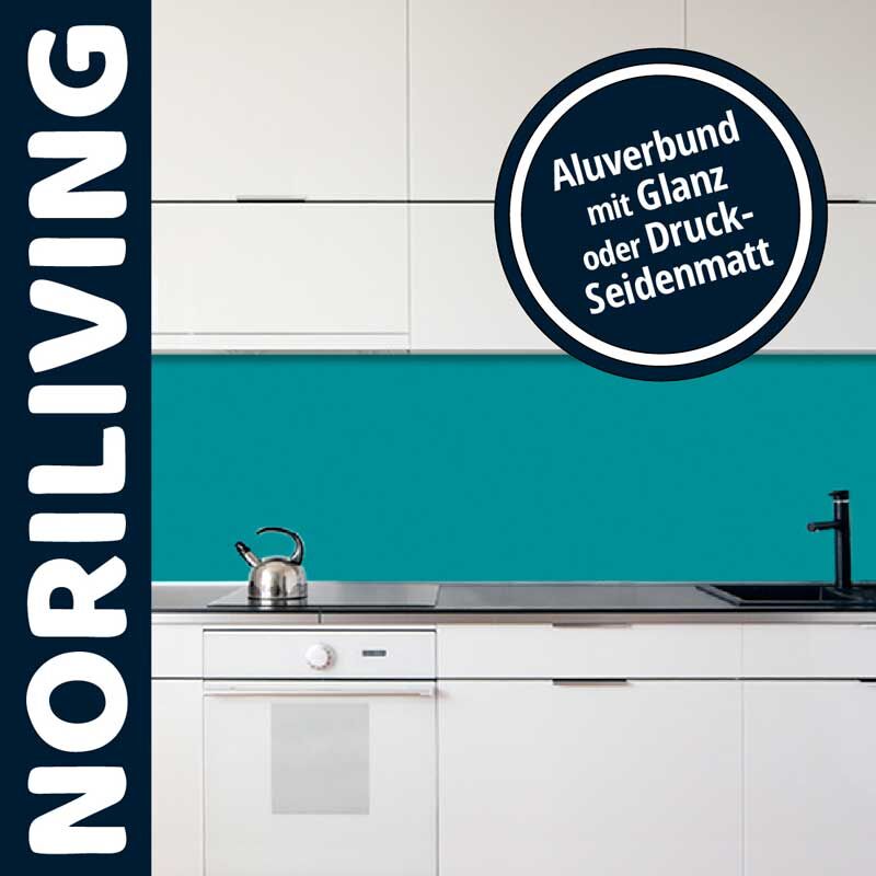 Helle Küche mit türkisfarbener Aluverbundwand und eleganter Ausstattung von Noriliving