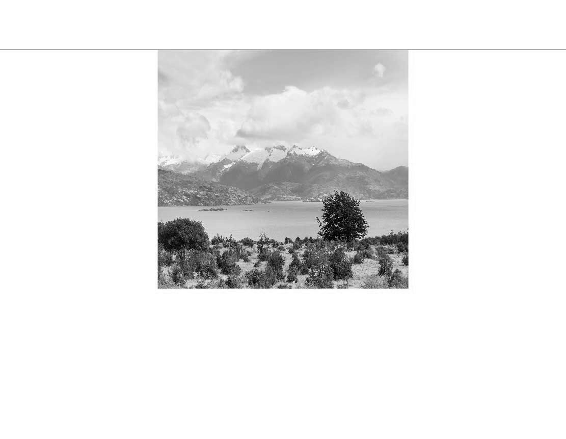 Ansicht des Duschrückwand-Motivs Berglandschaft mit Gebirgssee in Patagonien 046 schwarz-weiß