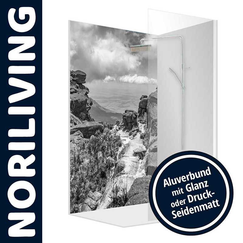 Duschwand von NORILIVING mit Landschaftsmotiv auf Alubond-Panel, verfügbar in Glanz oder Druck-Seidenmatt