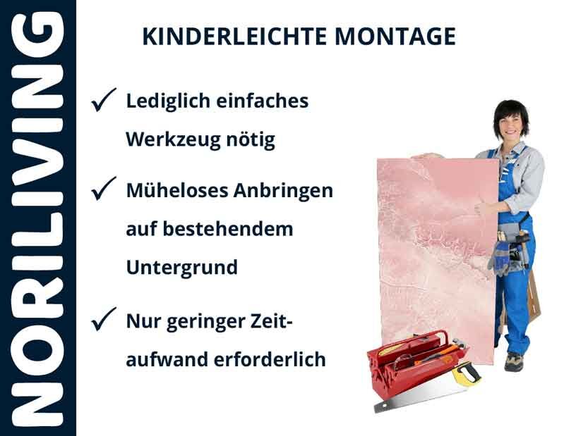 Person zeigt einfache Montage von Noriliving-Wandpaneel, minimaler Zeit- und Werkzeugaufwand