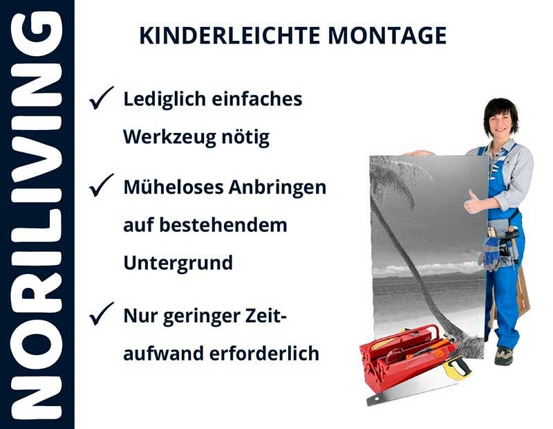 Werbebild von NORILIVING mit Person in Arbeitskleidung, leichtem Werkzeug und Hinweisen zur einfachen Montage.