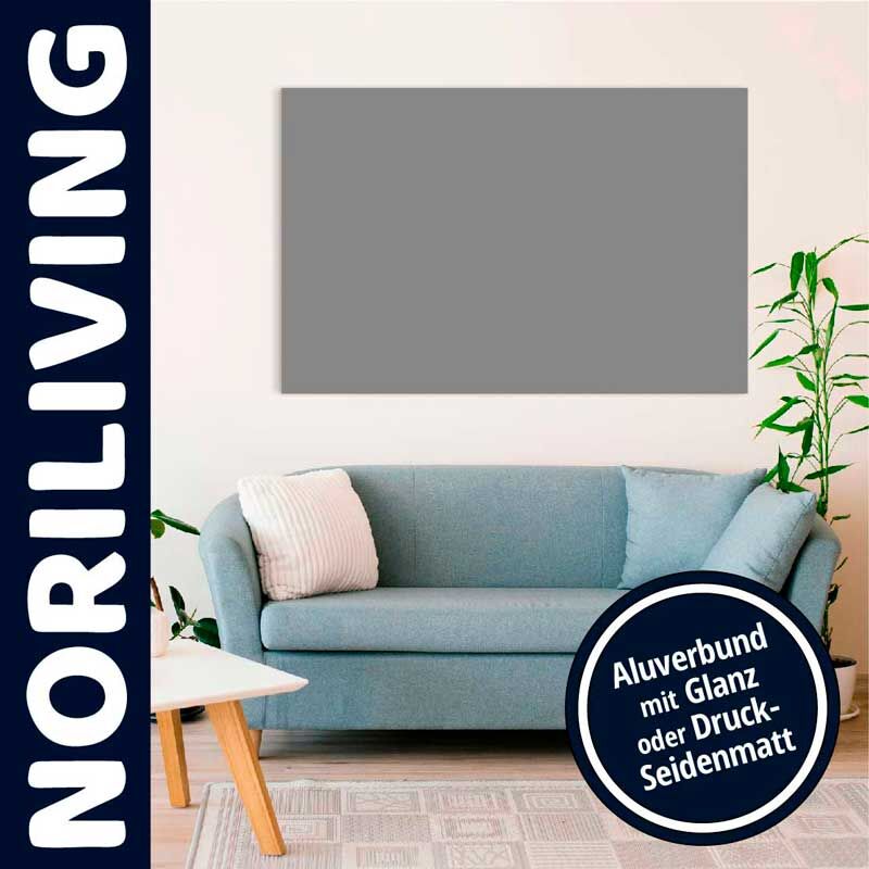 Stilvolles Wohnzimmer mit blauer Couch, weißen Kissen und Alu-Verbund-Tafel an der Wand. Pflanzen ergänzen das Ambiente.