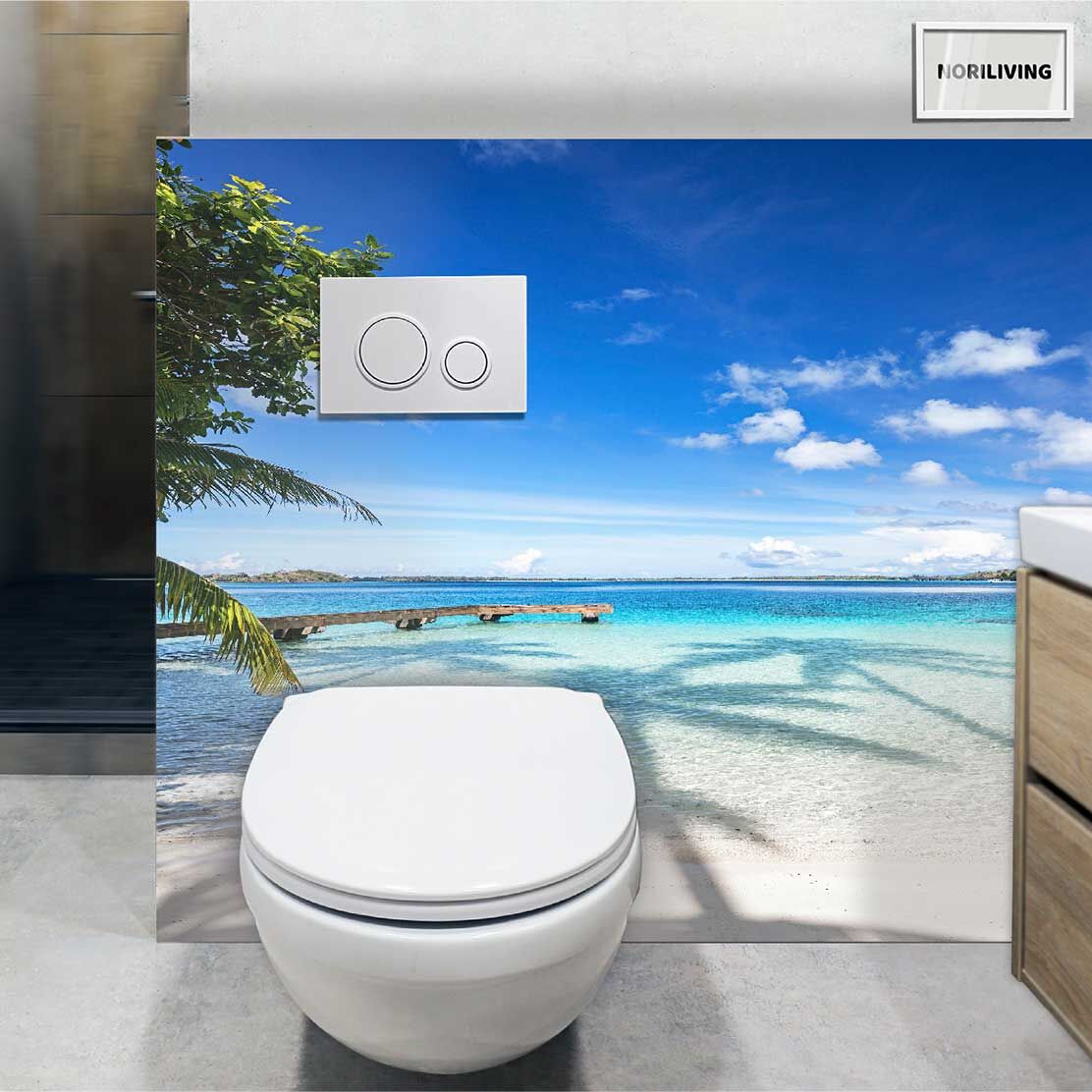 im WC eingebaute Toilettenrückwand mit Motiv Strand von Bora Bora mit Steg ins Meer 008