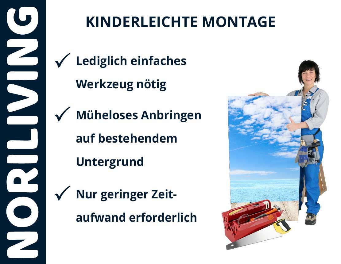 Person hält ein Poster, daneben Text über die einfache Montage und Werkzeuge von NORILIVING.