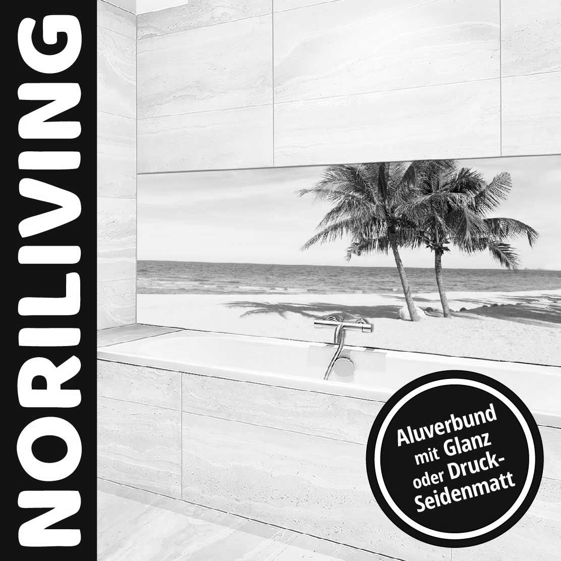Ansicht des Badrückwand-Motivs schöner Strand und tropisches Meer mit Palmen 828 schwarz-weiß Unterkante