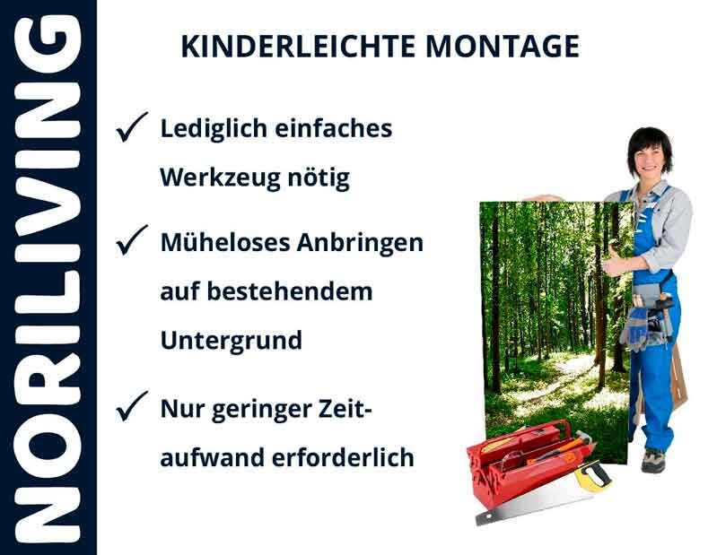 Frau mit Werkzeug zeigt einfache Montage eines Waldmotivs von Noriliving, mit Text über leichte Handhabung und Zeitersparnis