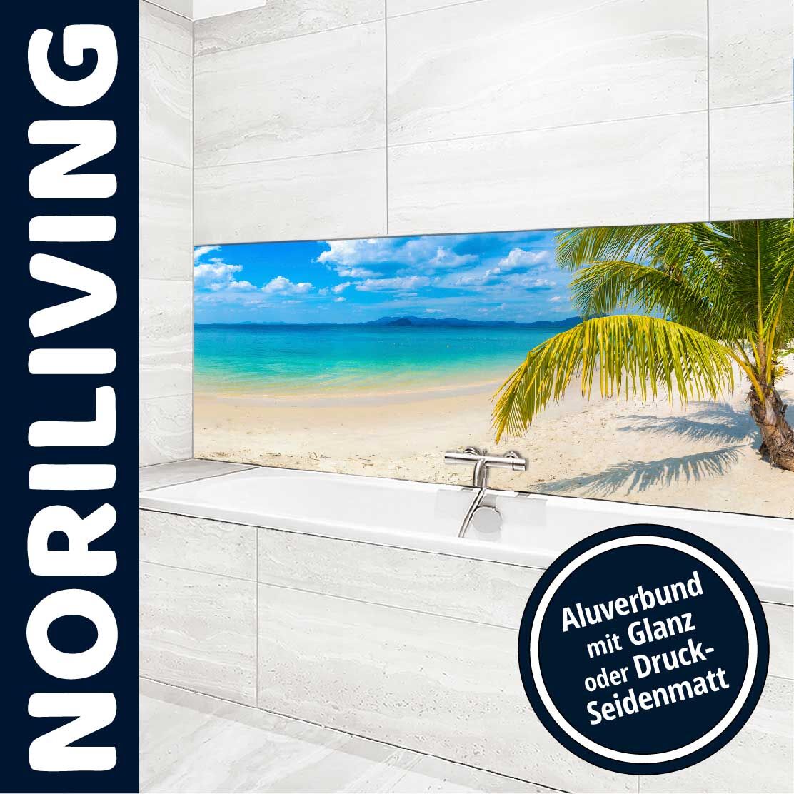 Küchenspiegelrückwand mit Strandmotiv von NORILIVING aus Aluverbund, glänzend oder seidenmatt.