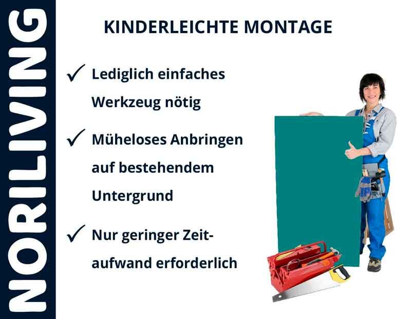 Person zeigt kinderleichte Montage mit Noriliving, minimaler Werkzeugbedarf und Zeitaufwand