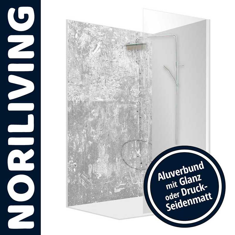 Duschwand von Noriliving, aus Aluverbund mit wählbarer Glanz- oder Druck-Seidenmatt-Oberfläche, zeigt modernes Design