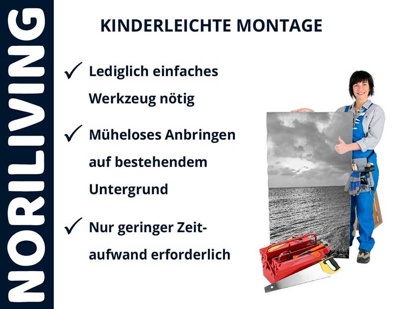 Plakat mit Anleitung zur kinderleichten Montage von NORILIVING; Handwerker mit Werkzeugn, Poster in der Hand