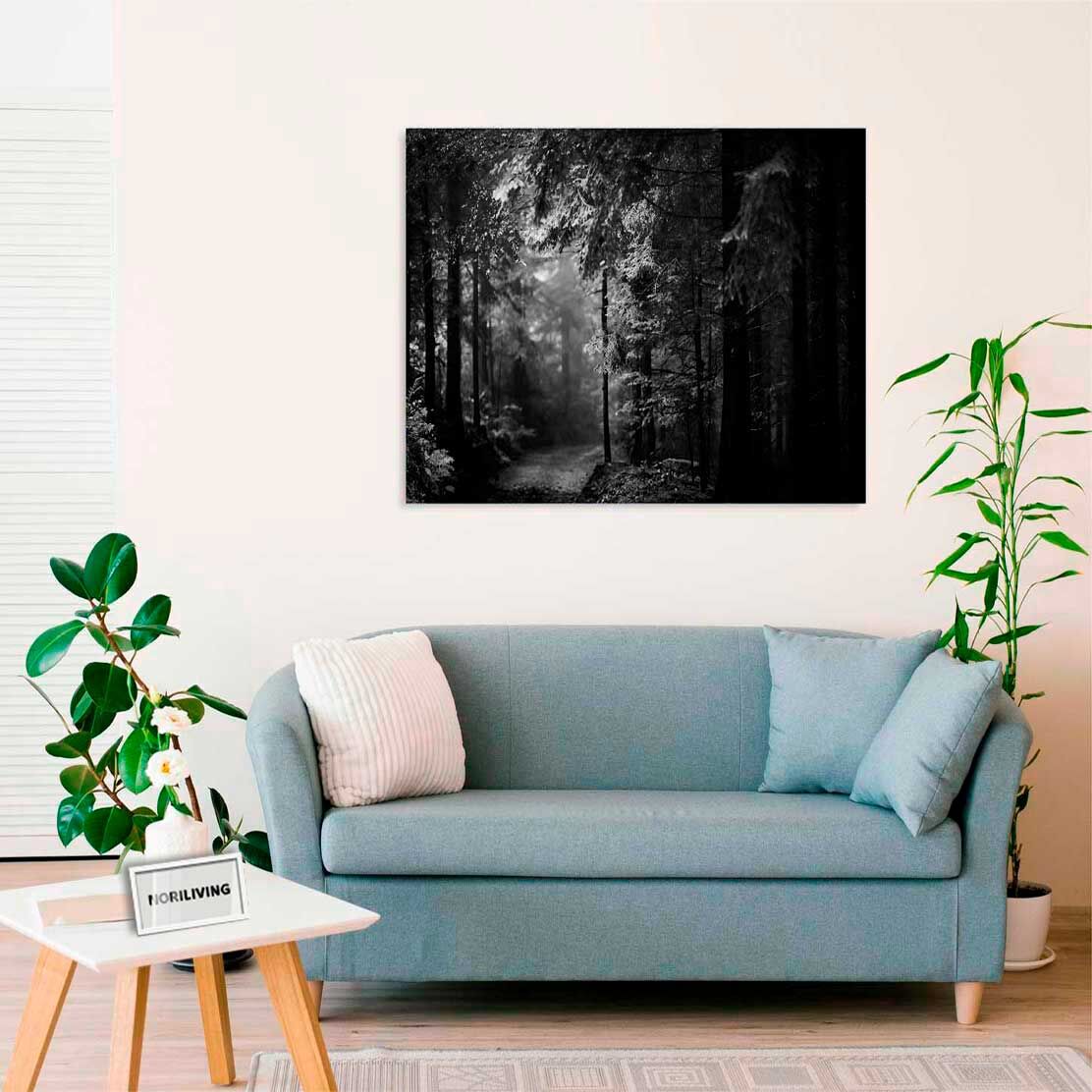 Wandbild über dem Sofa mit Motiv Landschaftsweg durch den Wald 795 schwarz-weiß