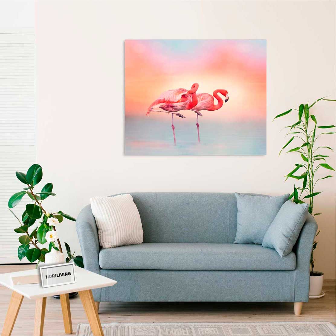 Wandbild über dem Sofa mit Motiv zwei rosa Flamingos bei Sonnenuntergang 985