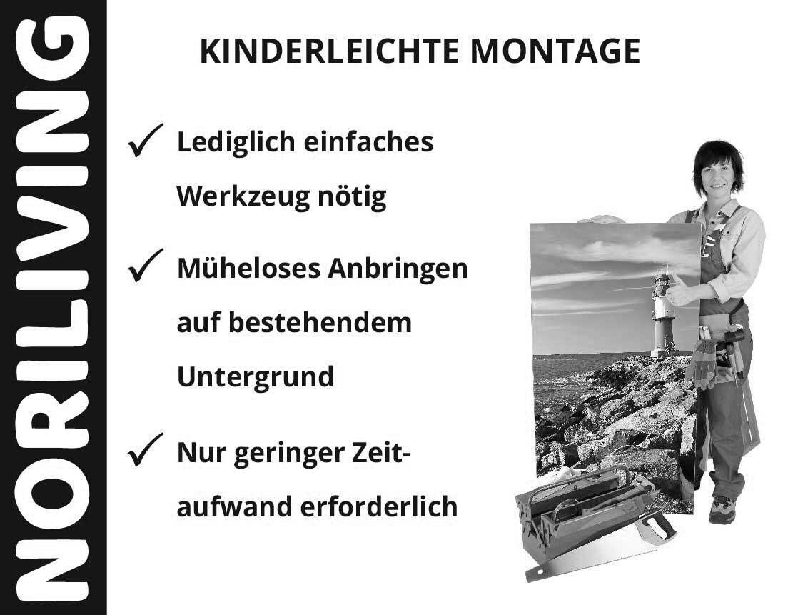 Frau hält Bild mit Leuchtturm, daneben Noriliving-Text: kinderleichte Montage, nur einfache Werkzeuge nötig, müheloses Anbringen, geringer Zeitaufwand.