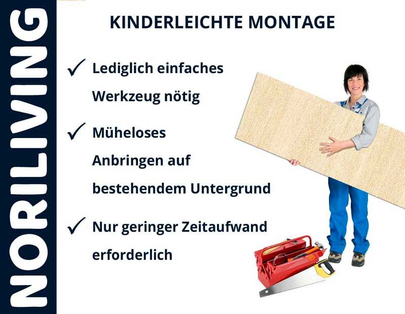 Frau präsentiert Noriliving-Produkt, das einfache Montage ohne großen Zeitaufwand erfordert