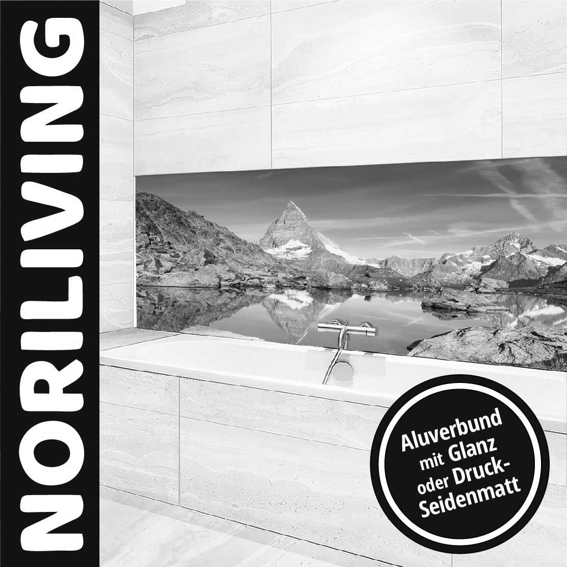 Ansicht des Badrückwand-Motivs Berge und See in der Schweiz 520 schwarz-weiß Oberkante