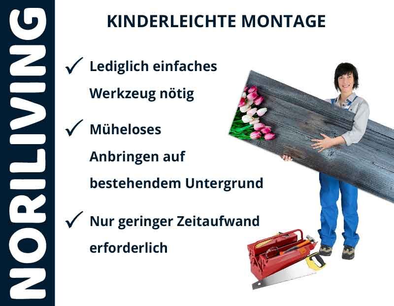 Person mit Brettern, Text über mühelose Montage von NORILIVING-Produkten